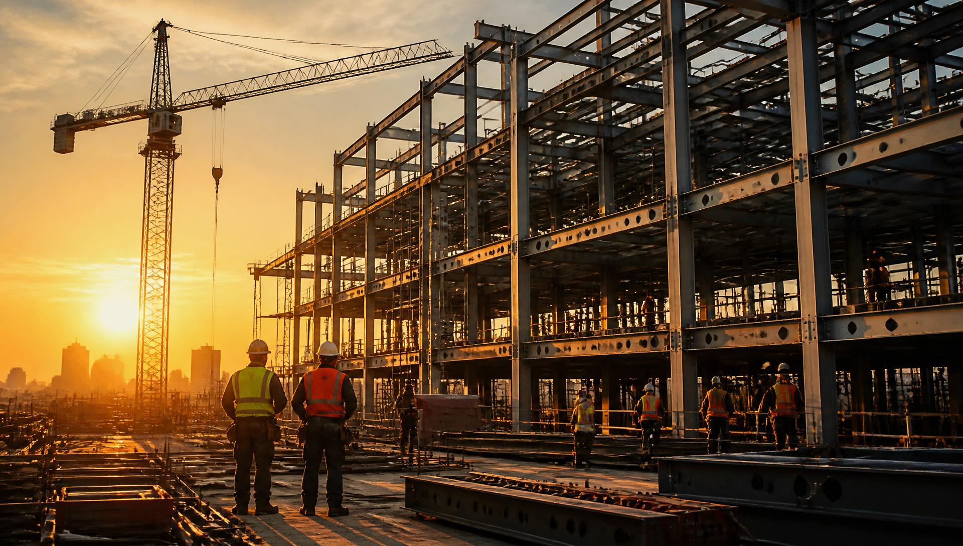 Steel frame of a commercial building under construction at sunset with a tower crane